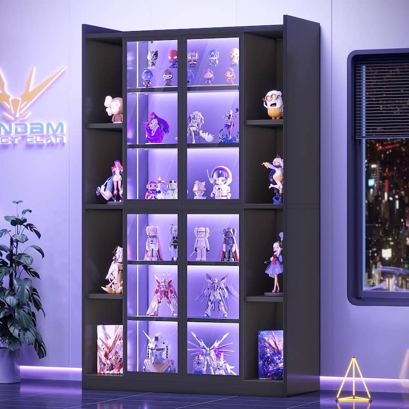 Display Cabinet Glass Doors 6 Tier Tall Bookcase LED Lights Curio Cabinet Adjustable Shelves - Black