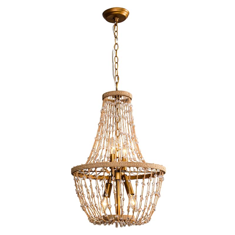 Bohemian Natural Brown Hemp Rope 4-Light Basket Chandelier - 16.54" fixture width x 25.2" fixture height