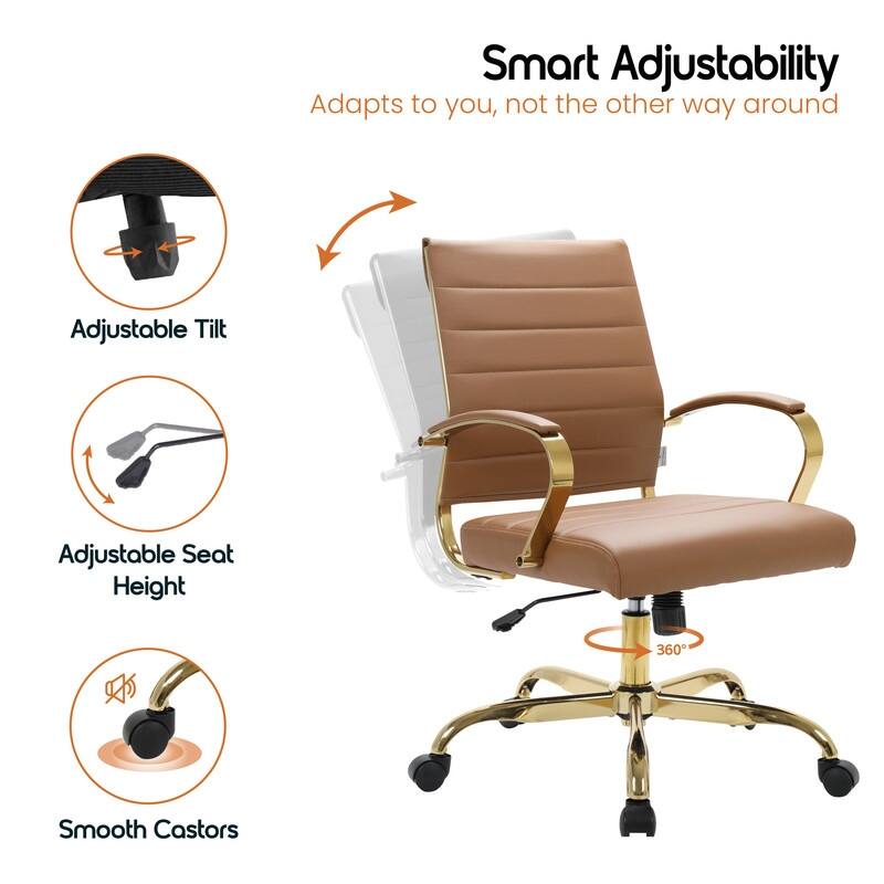 Benmar Mid-Back Leather Office Desk Chair in Gold Stainless Steel Frame Adjustable Height Tilt Lock 360 Swivel Ergonomic Chair