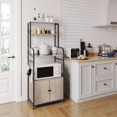 4-Tier Freestanding Kitchen Bakers Rack w/Storage Cabinet & Hutch, Microwave Oven Stand Coffee Bar Pantry Cabinet w/8 S Hooks