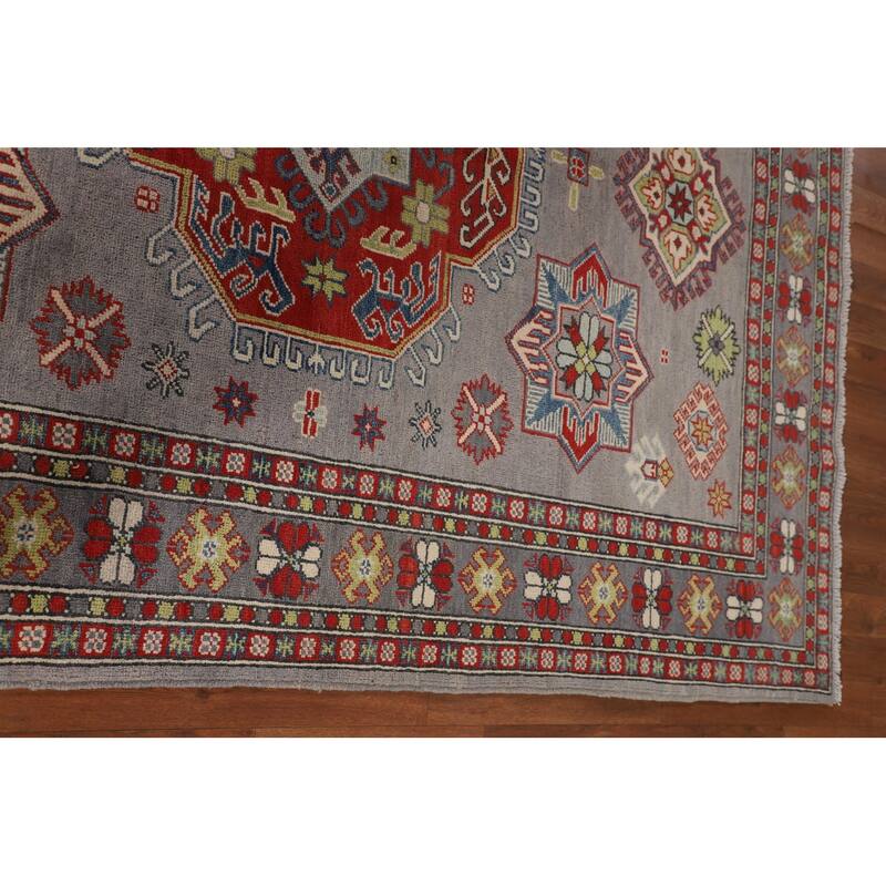 Gray Geometric Kazak Area Rug Living Room Handmade Wool Carpet - 5'7" x 7'3"