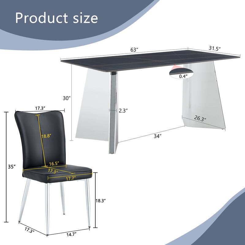 Roomfitters 5pcs Marble Pattern Dining Table Set with Stainless Butterfly Legs and PU Chairs with Stripe Backrest, Black