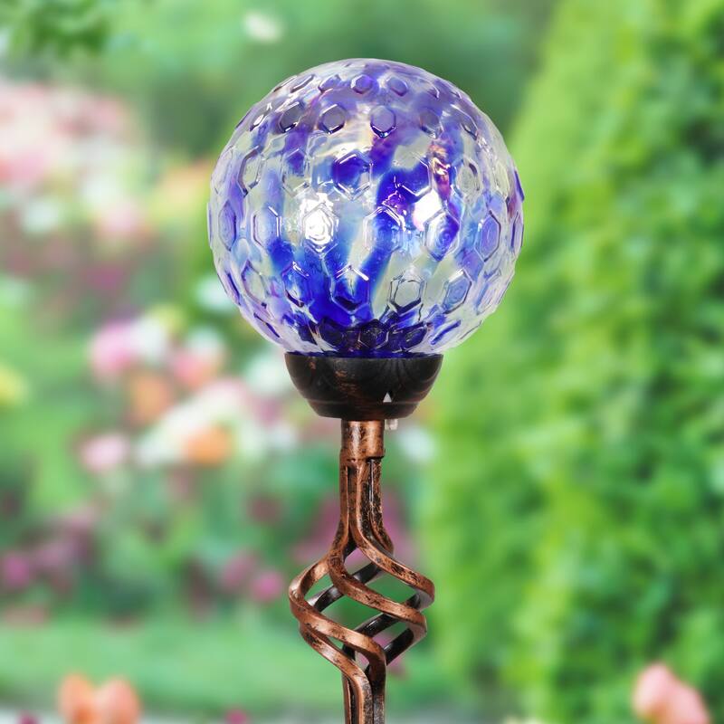 Exhart Solar Pearlized Honeycomb Glass Ball Garden Stake with Metal Finial, 4 by 31 Inches
