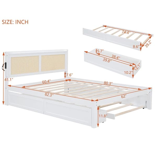 Queen Size Bed Frame w/ Rattan Headboard & Sockets Wooden Platform Bedframe w/ Trundle & Storage Drawers, Noise-Free-White
