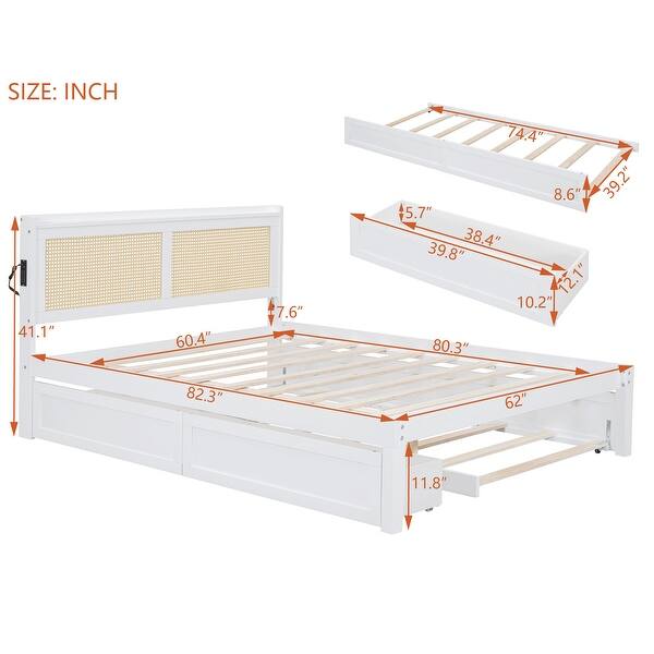 Queen Size Elegant Bed Frame with Rattan Headboard, Platform Bed with Sockets, Wooden Bed with Drawers and Trundle, White