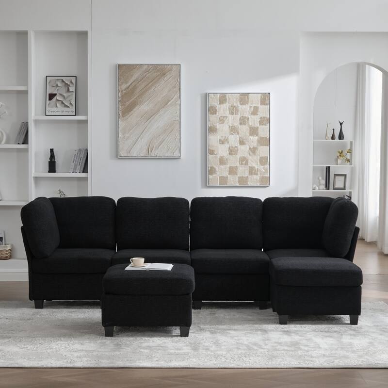 Freely Combinable Convertible Modular Sectional Sofa with Storage Ottomans - Black