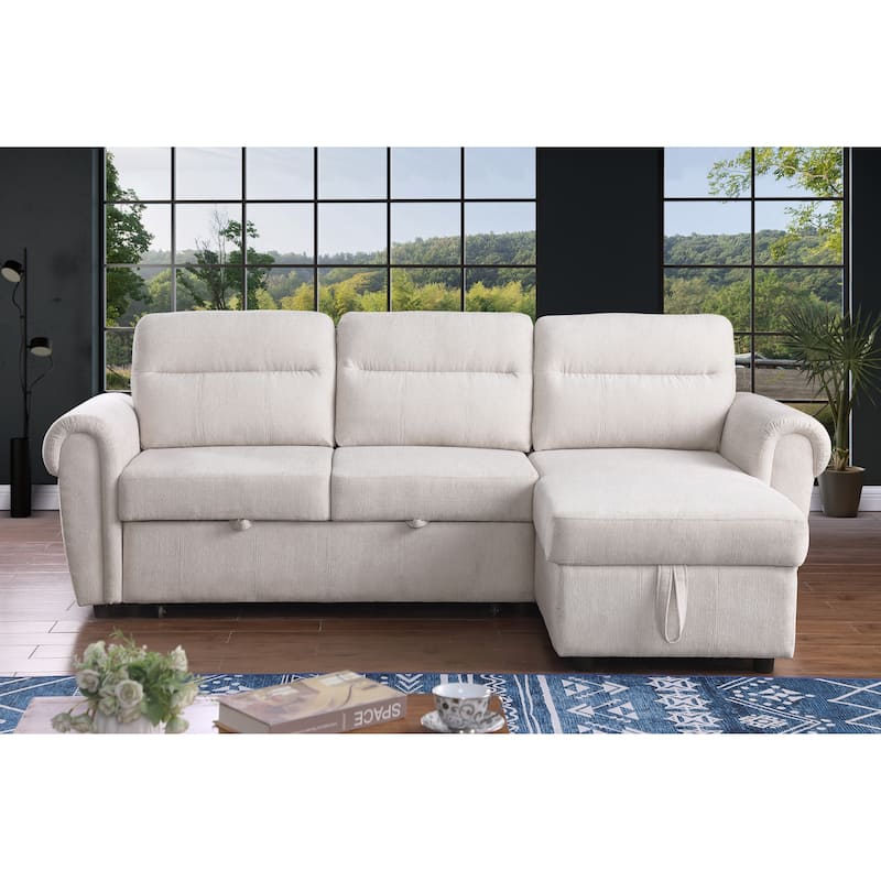 97"W Beige Chenille Reversible Sofa Chaise w/ USB & Storage