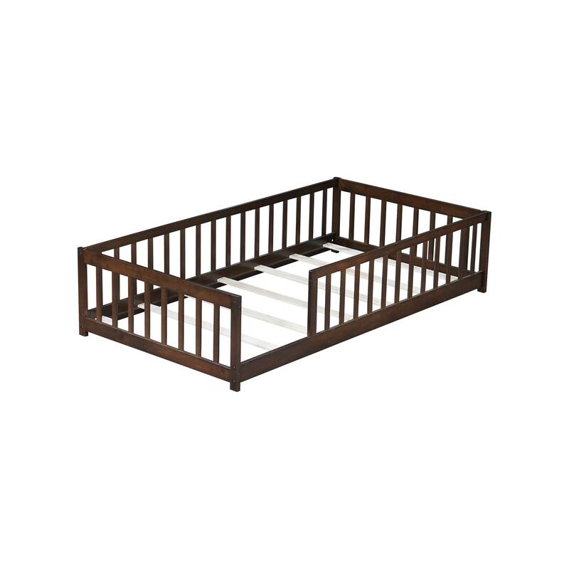 Roomfitters Twin Rubber Wood Floor Bed with Fence, Safety Guardrails, Low Profile Platform Design