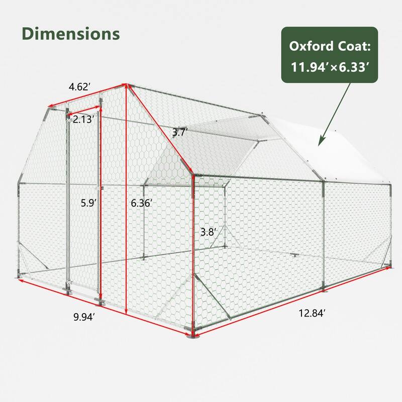 Large Walk-In Metal Chicken Coop – Flat-Shaped Poultry Cage Run with Waterproof Cover‌ - Silver