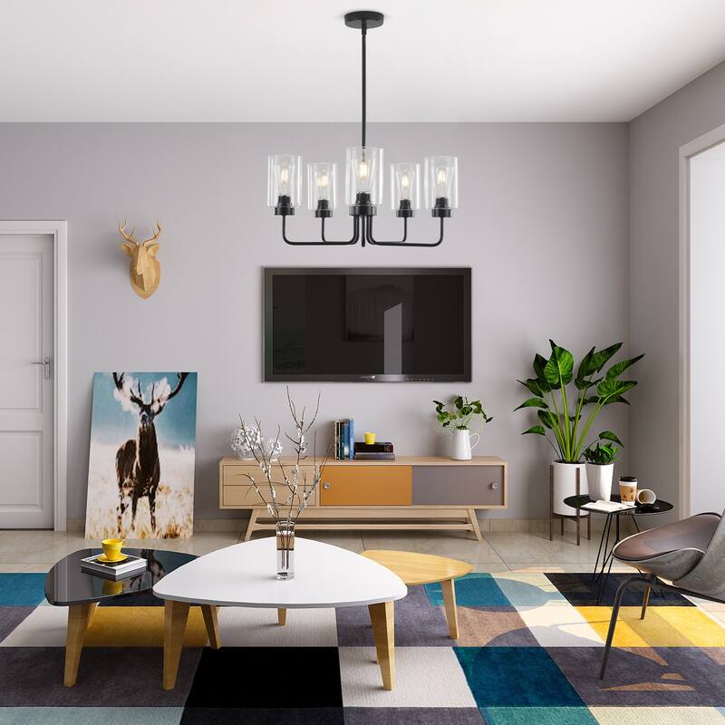 22" wide 5-light Glass Chandelier, Industrial Farmhouse Ceiling Light with Glass Lampshade for Living room, Dining room, Kitchen