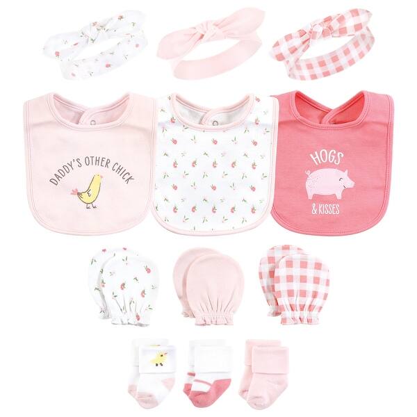 slide 1 of 1, Hudson Baby Infant Girl Caps or Headbands, Bibs, Mittens and Socks 12pc Set, Farm, 0-6 Months - Pink Farm Pink Farm - 0-6 Months