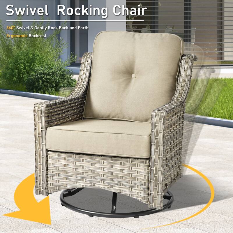 HOOOWOOO 5-piece Rattan Outdoor Furniture Patio Swivel Chair Chat Set with Ottoman