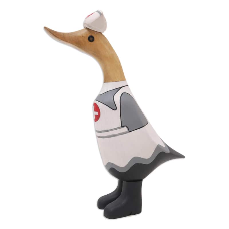 Novica Handmade Nurse Duckling In White Bamboo Root And Teak Wood Figurine