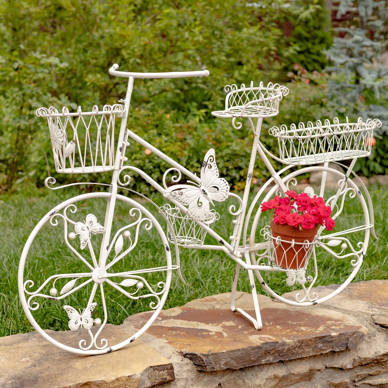 Large Iron Butterfly Bicycle Plant Stand in White