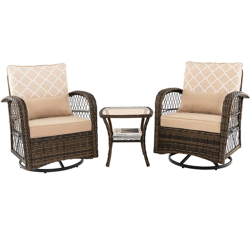 3 PCS Patio Swivel Rocker Set Swivel Rocking Chairs w/ Coffee Table - Beige