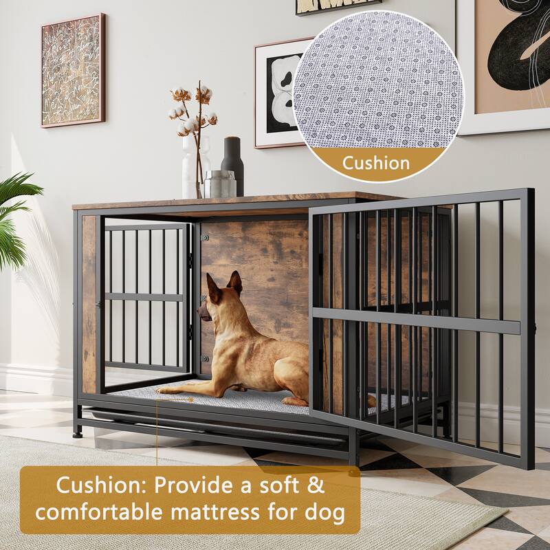 Dog Crate Furniture, Wooden Dog Crate Table, 38.9" Dog Kennel with 2 Sliding Doors and Thick Iron Door Frame, for Large Dog
