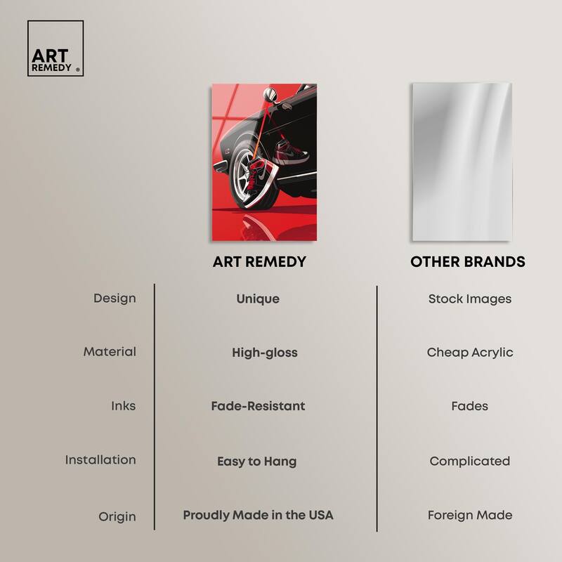 Red Bold Sneaker and Car Acrylic by Art Remedy, Ready to Hang