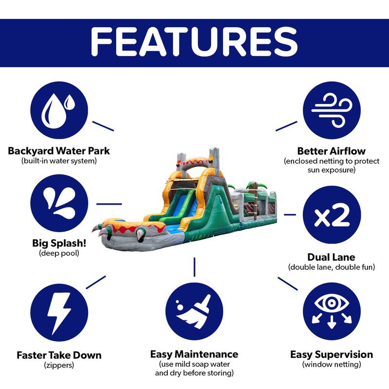 HeroKiddo T-Rex Adventure 42' Inflatable Obstacle Course with Water Slide - Commercial Grade, Wet & Dry Play (Blowers Included)