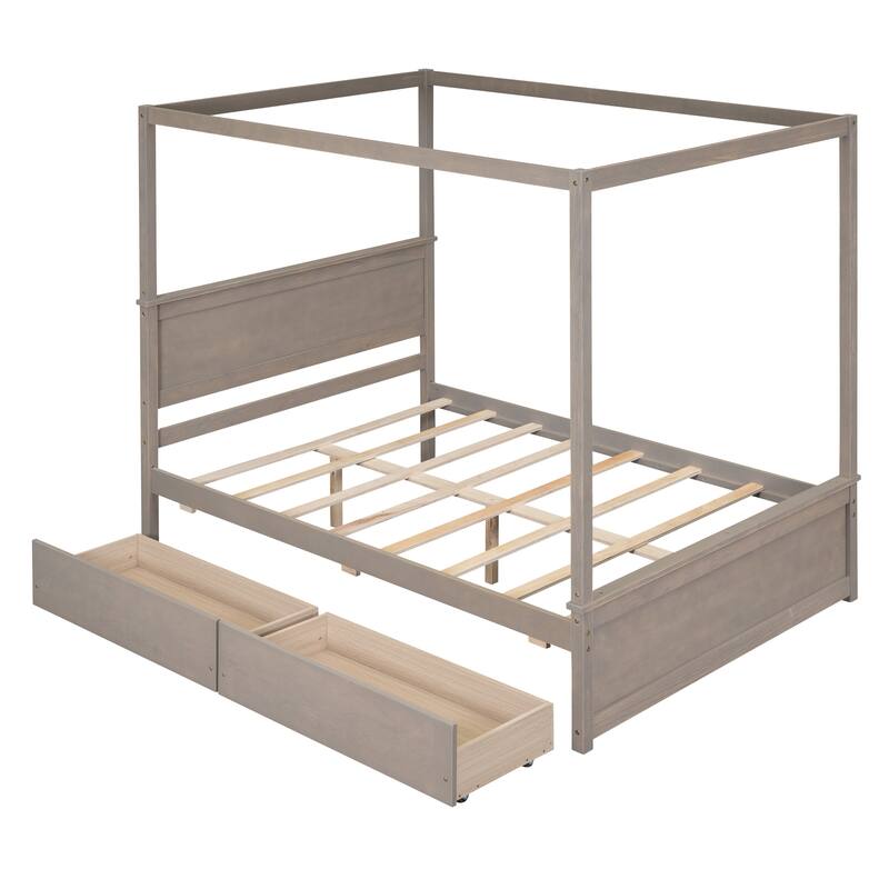 Wood Canopy Bed with two Drawers, Full Size Canopy Platform bed With