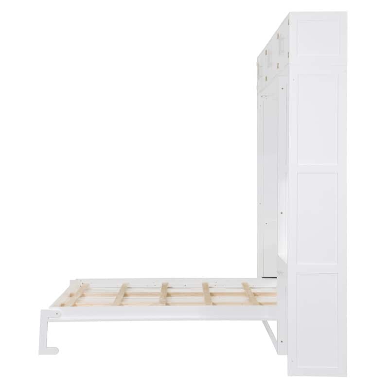 Queen Size Wall Murphy Bed with Desk, Top Cabinet and Storage Shelves, Space Saving Foldable Bed