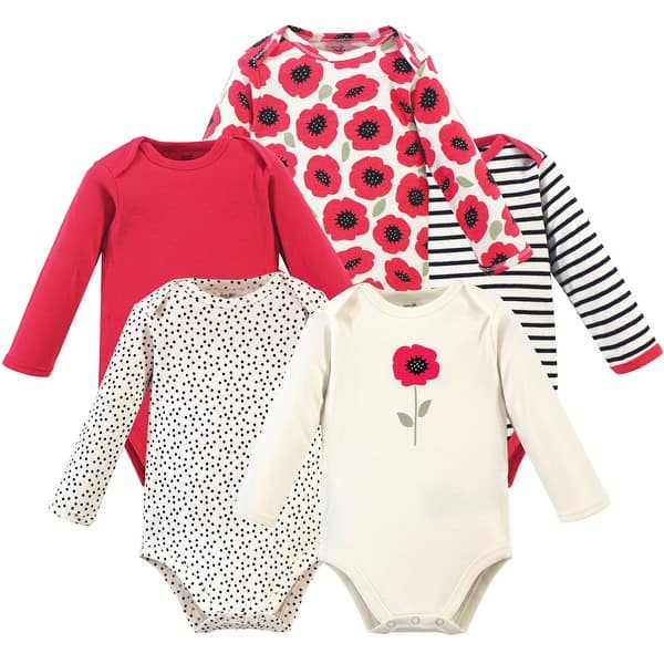slide 1 of 1, Touched by Nature Baby Girl Organic Cotton Long-Sleeve Bodysuits 5pk, Poppy 0-3 Months - Poppy