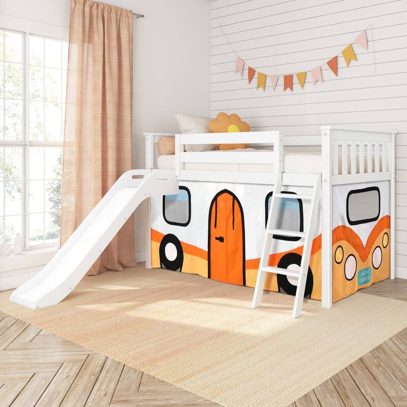 Max and Lily Classic Twin-Size Low Loft with Easy Slide and Curtain - White