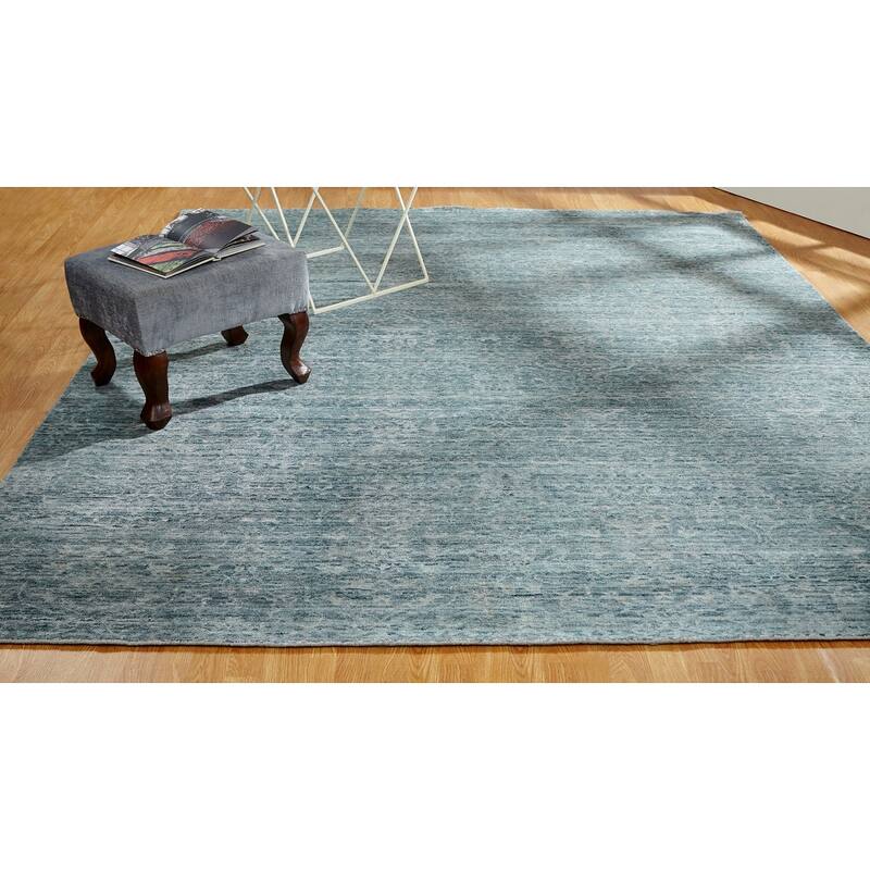 Modern Blue Hand-Knotted Wool & Viscose Area Rug