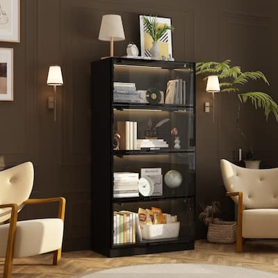 Kitchen Pantry Cabinets with 4-Tier Storage Shelves and Glass Doors