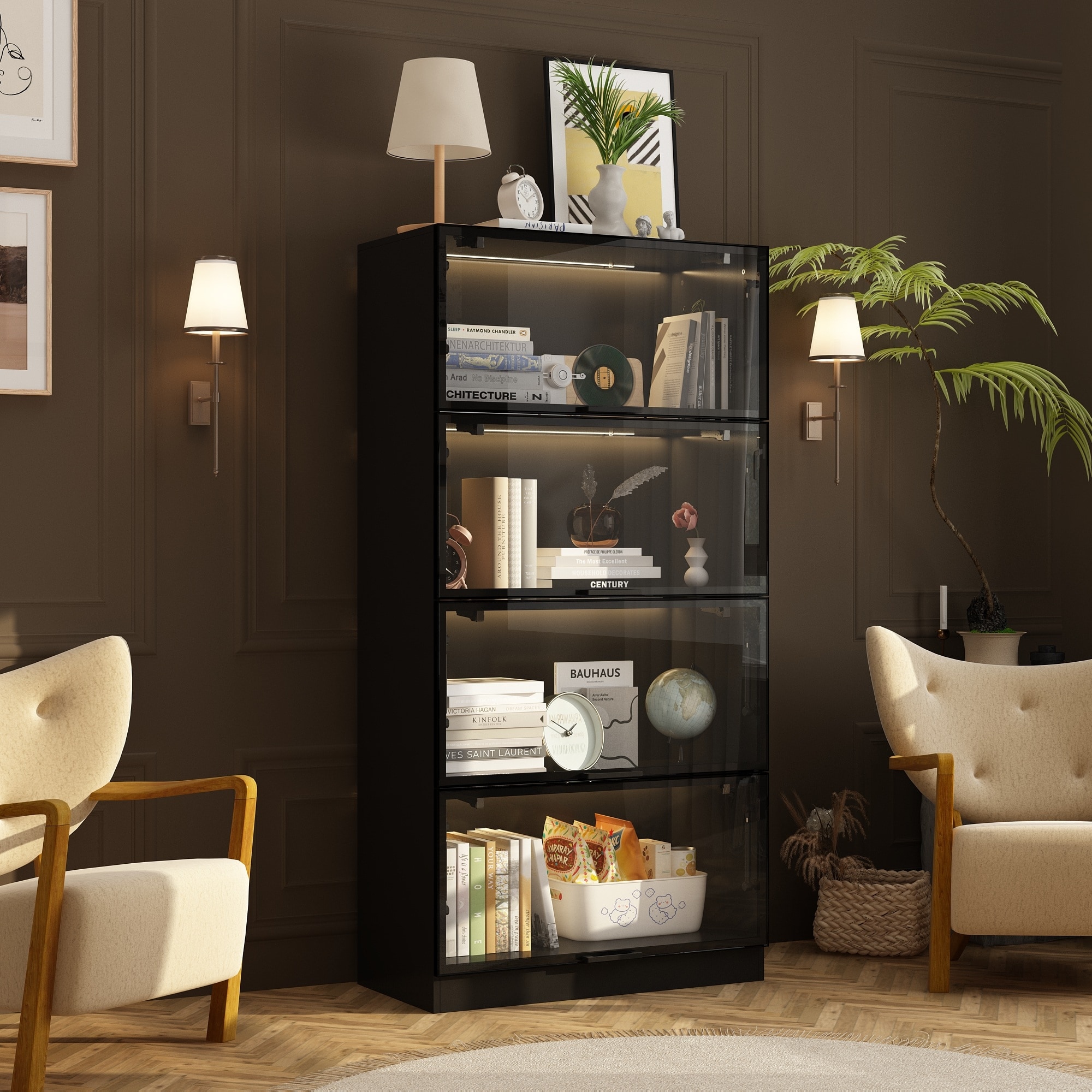 Kitchen Pantry Cabinets with 4-Tier Storage Shelves and Glass Doors