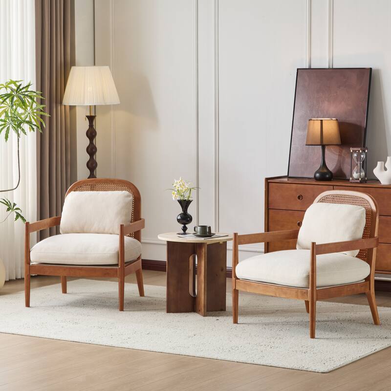 26.6" Solid Wood Accent Chair with Rattan Backrest, Cushioned Seat, Stylish Armchair for Living Room, Reading Nook, Set of 2