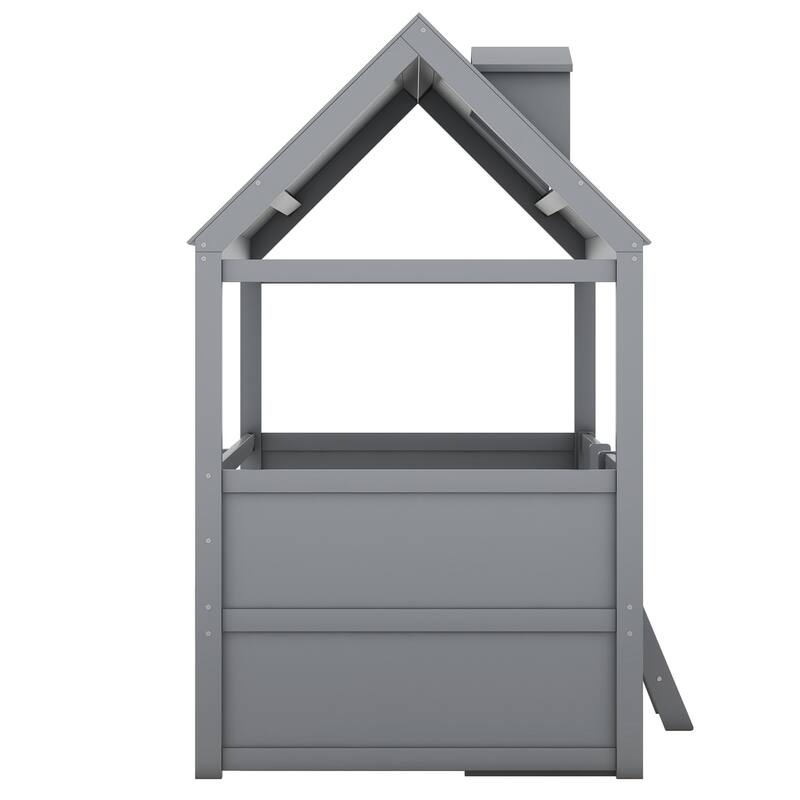 Twin Size Wooden House Bed with Roof Skylights, Ladder, 4 Drawers, Shelves, Fence and Solid Wood Frame, for Kids Ages 6+