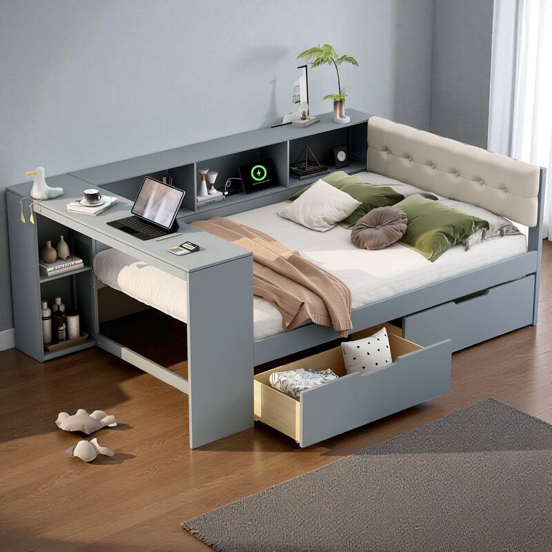 Wood Twin/Full Platform Bed with Upholstered Headboard, Storage Shelves, Drawers and Charging Station, No Box Spring Needed - Grey - Full