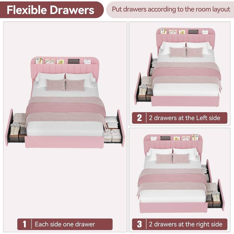 Bed Frame with 2 Drawers, Boucle Upholstered
