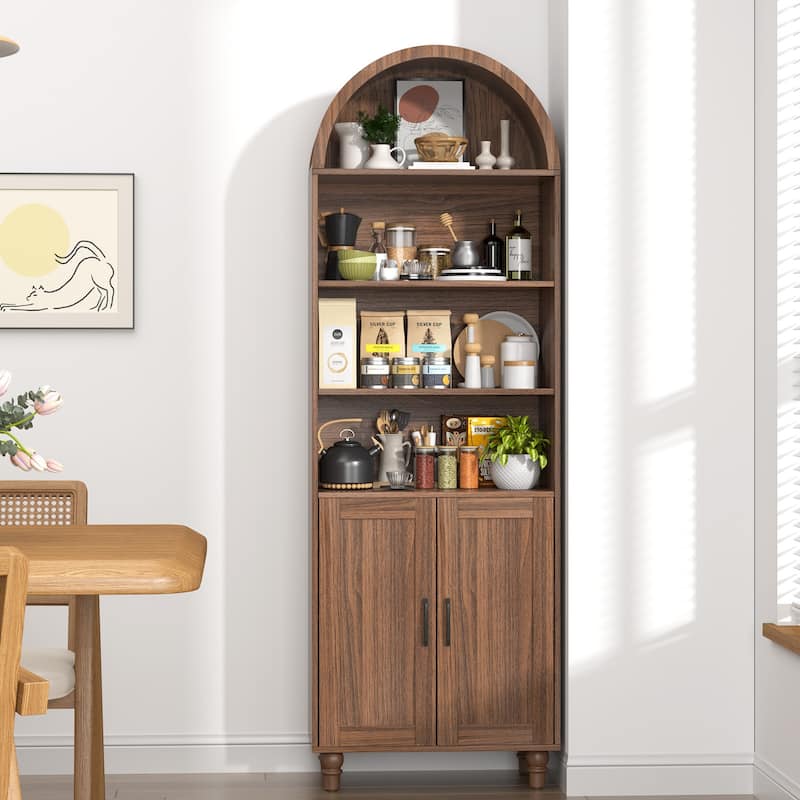 Meyreso 71" Tall Arch Bookcase with Storage,6 Tier Book Shelf Organizer Arched Cabinet - Walnut - No Drawers