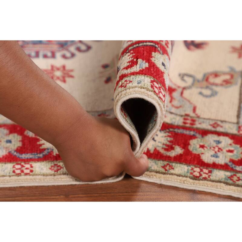 Geometric Beige Kazak Foyer Rug Hand-Knotted Wool Carpet - 3'5" x 5'0"