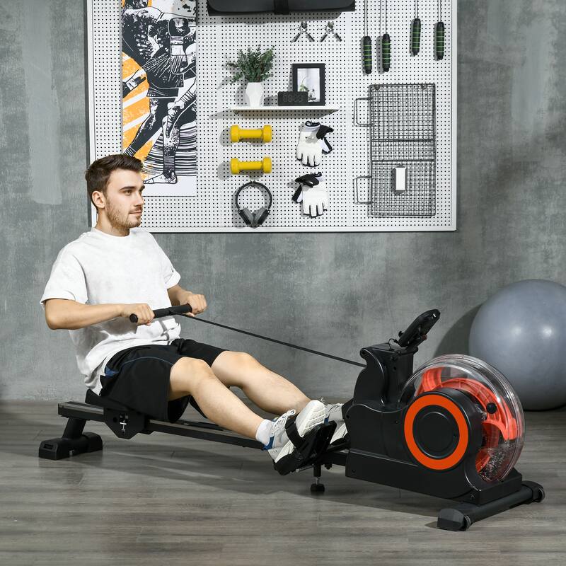 Soozier Foldable Water Rowing Machine with Wheels, LCD Monitor and Tablet Holder for Home Cardio Training, Red - Red
