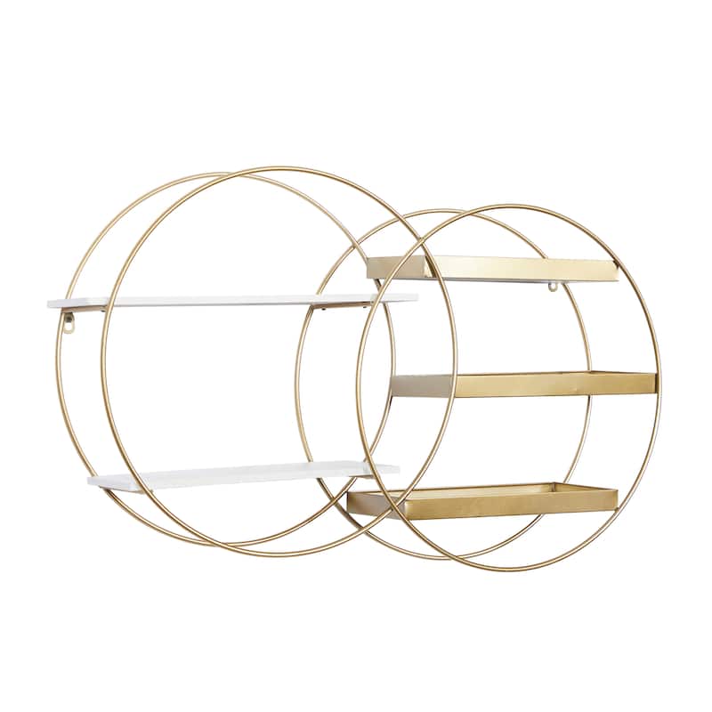 Metal Overlapping Circle 5 Level Geometric Wall Shelf with Wood Accents - Gold or Black