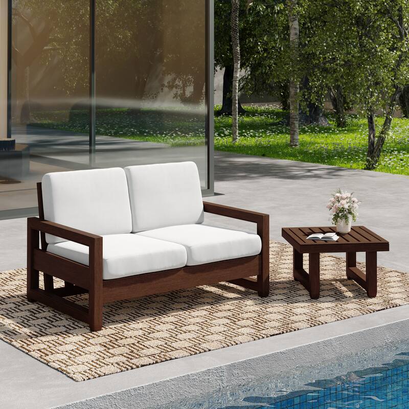 Teak Wood Cushioned Outdoor Patio Loveseat Set with Side Table - Dark Wood - Beige