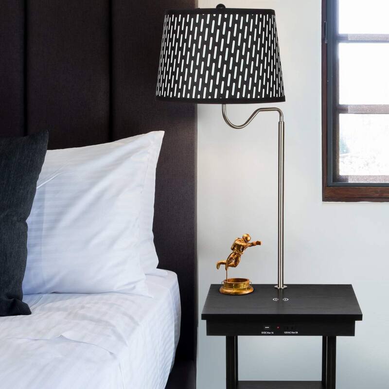 Brightech Madison 56 in. Classic Black Modern LED Bedside Table Lamp with Fabric Drum Shade and Wireless Charging Pad (2-Pack)