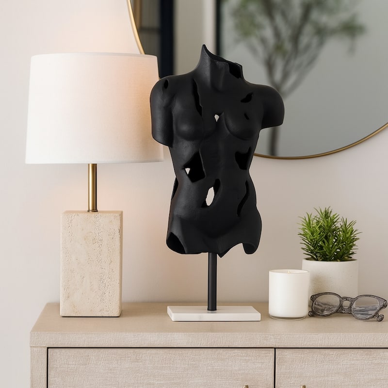 Black Abstract Torso Sculpture on Marble Base - Decorative Objects for Home Decor