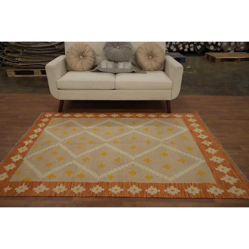 Hand Woven Oriental 100% Wool Carpet Southwestern Tribal Brown Kilim Area Rug - 6' 7'' X 4' 9''