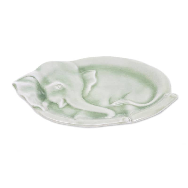 Novica Handmade Elephant At Rest In Green Celadon Ceramic Plate