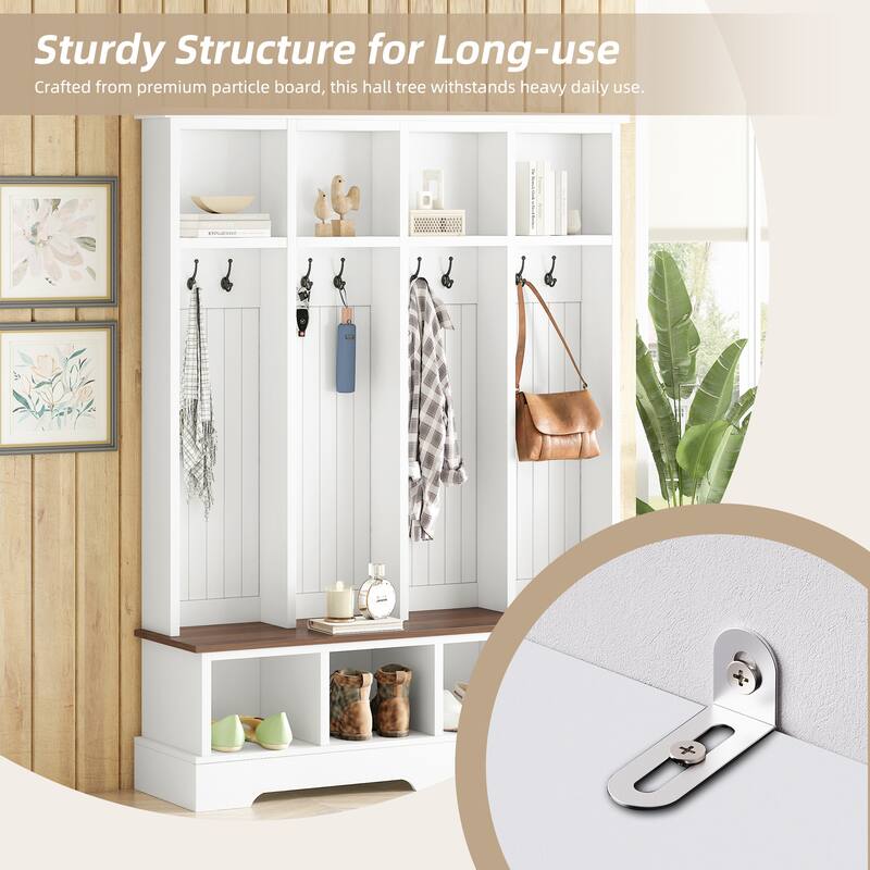 Farmhouse 59 in Hall Tree with 8 Hooks, Bench with Open Cubbies, 76.7 in H Entryway Coat & Shoe Organizer