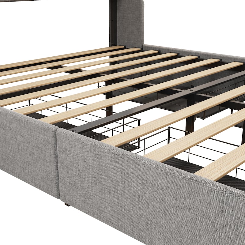 Full Size Bed Frame with LED Lights and 4 Storage Drawers for Master Bedrooms, Guest Rooms - Upholstered Design
