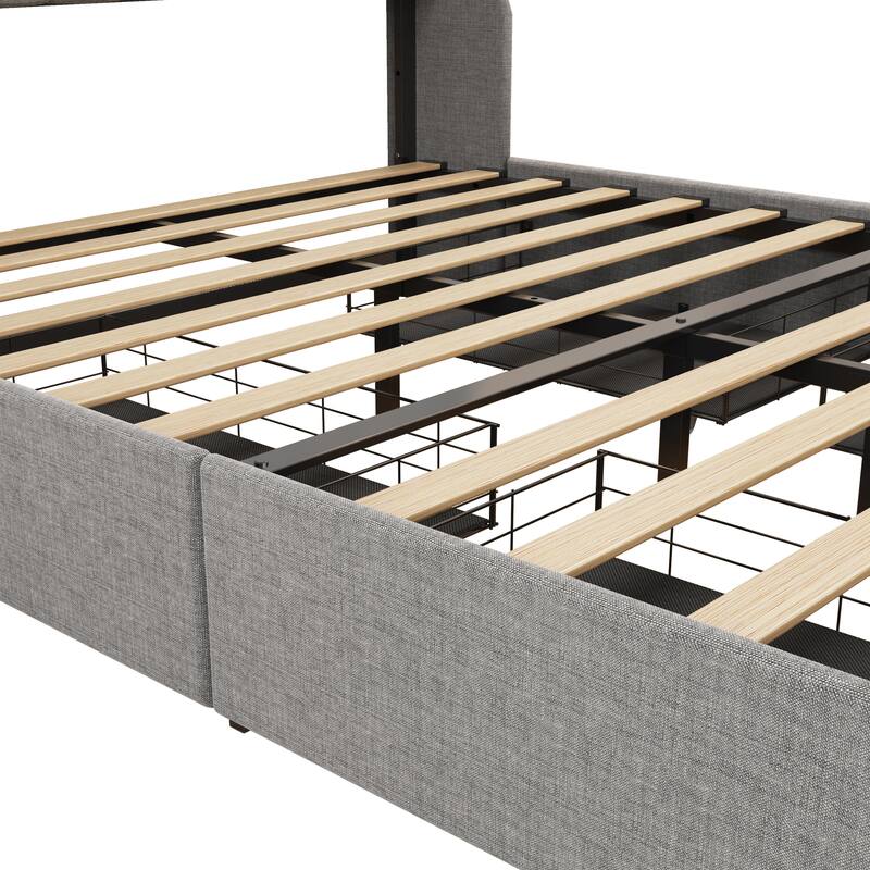 Light Grey Full Size Bed Frame with RGB LED Lights, 4 Storage Drawers & Headboard Shelves