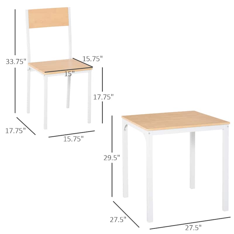 HOMCOM 3-Piece Wooden Square Dining Table Set with 1 Table and 2 Chairs and Sturdy Metal Frame, White