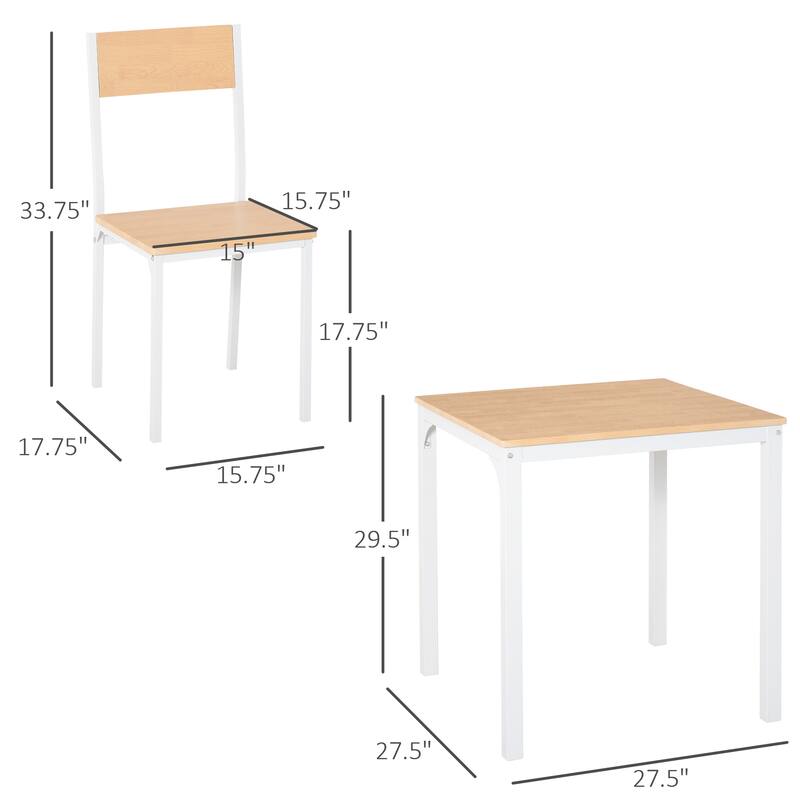 Wooden Square Dining Table Set with 1 Table and 2 Chairs and Sturdy Metal Frame - Tan