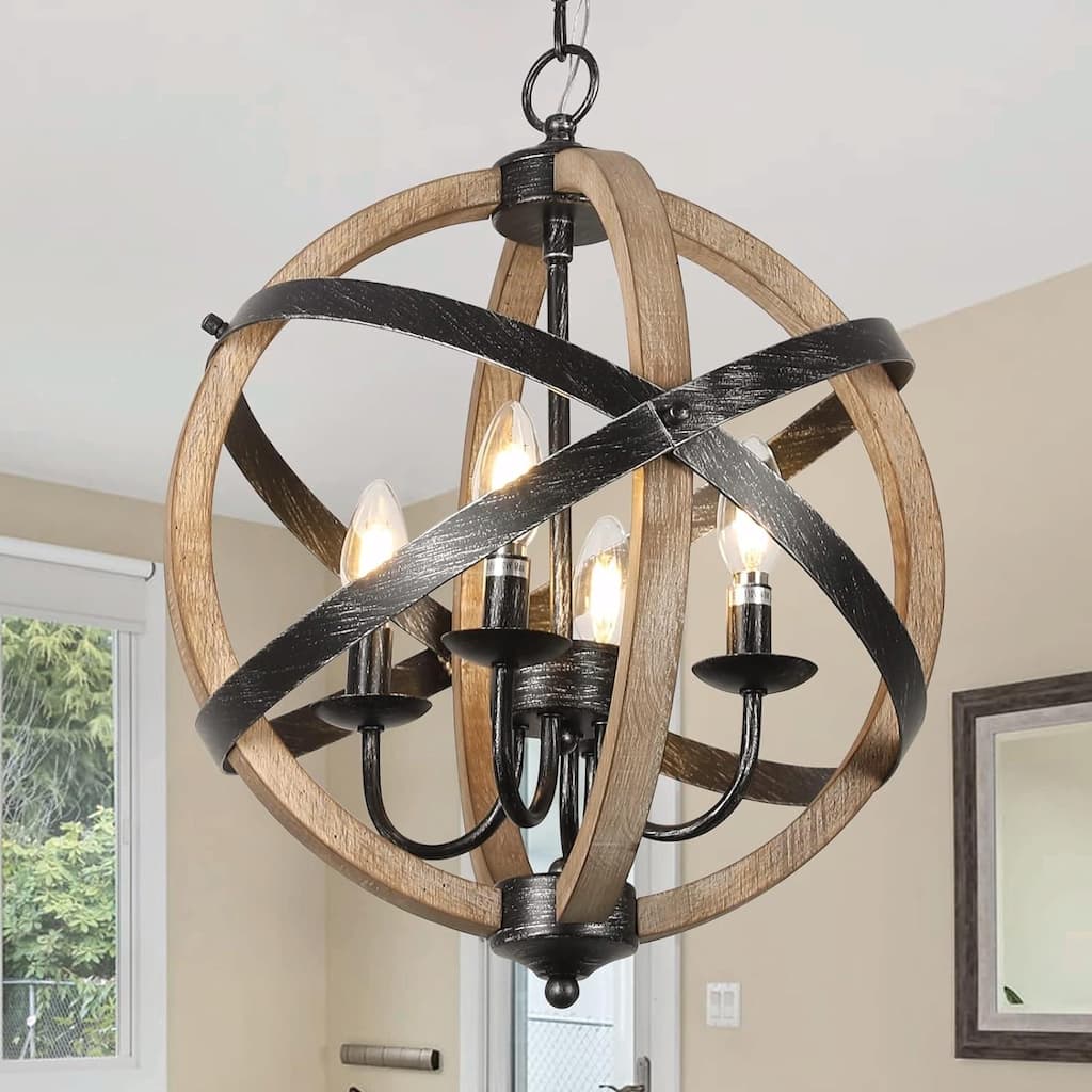 Farmhouse Chandelier - Adjustable Wooden Frame, Dimmable with 6xE12 Sockets