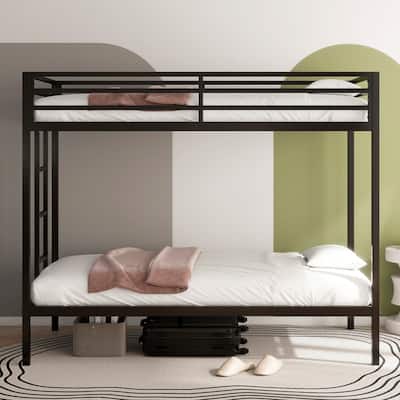 Sturdy Metal Black Twin Over Twin Bunk Bed with Ladder and Guardrails