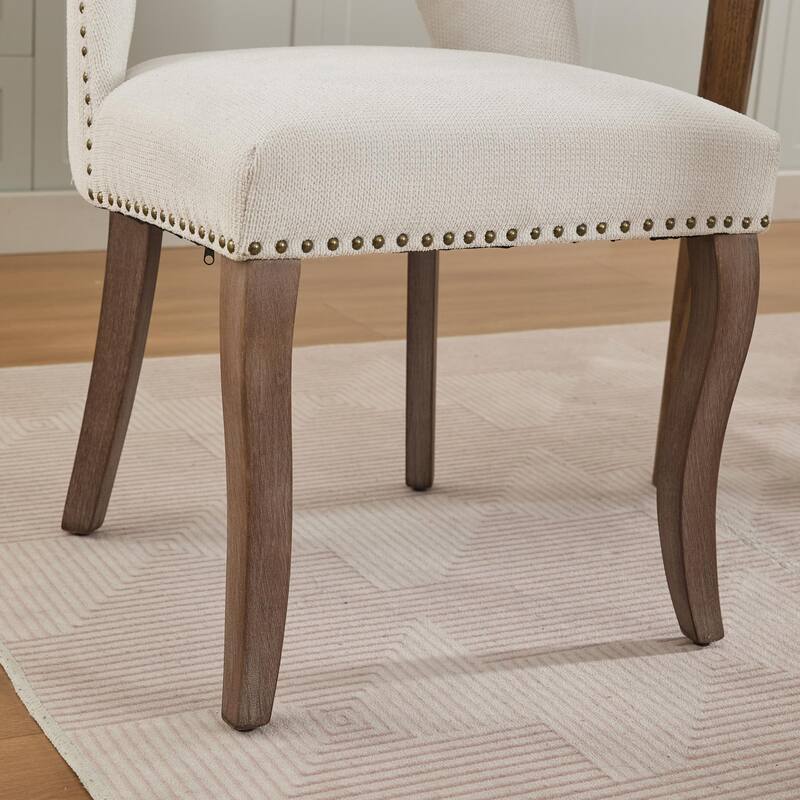 Modern Fabric Upholstered Dining Chairs Set of 2, Farmhouse Wooden Dining Room Chairs with Curved Backrest, Rivet Trim